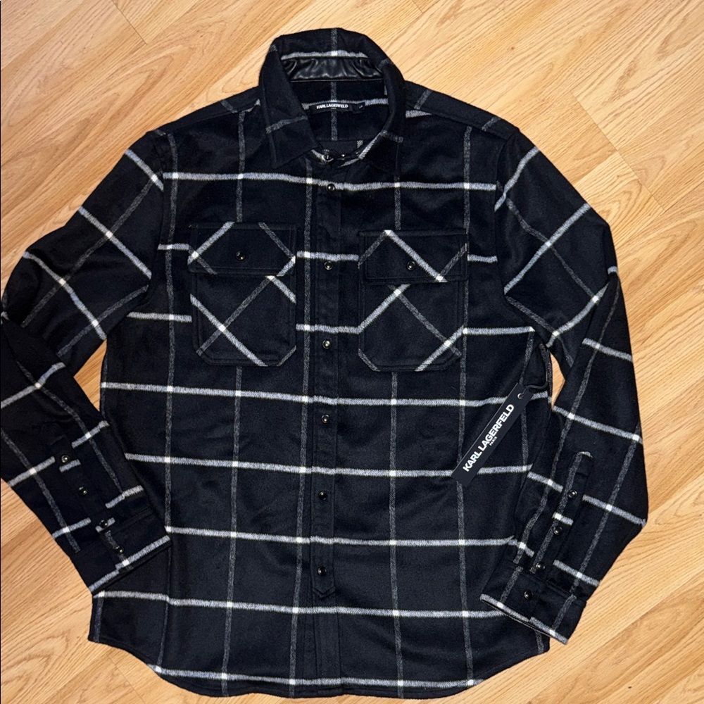 NWT Karl Lagerfeld Black Flannel Long Sleeve Shacket Plaid Large Wool Viscose